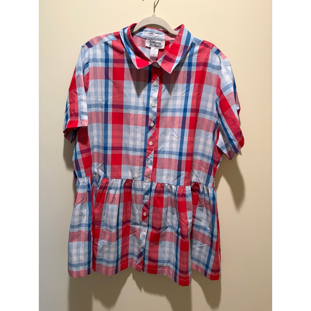 Anthony Richards Red Blue Plaid Cotton Peplum Button‎ Down Top 22W